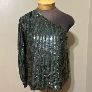 VELVET BY GRAHAM & SPENCER SEQUIN ONE-SHOULDER TOP GREEN SZ L PARTY HOLIDAY